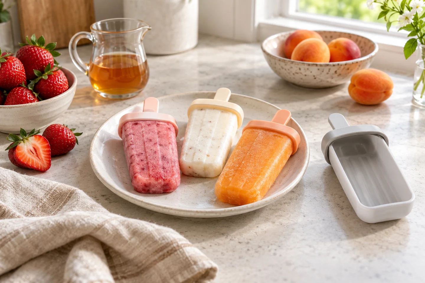 AI-generated kitchen concept with fruit-colored ice pops, an unbranded mold and a small pouring jug; not an actual product or tested recipe